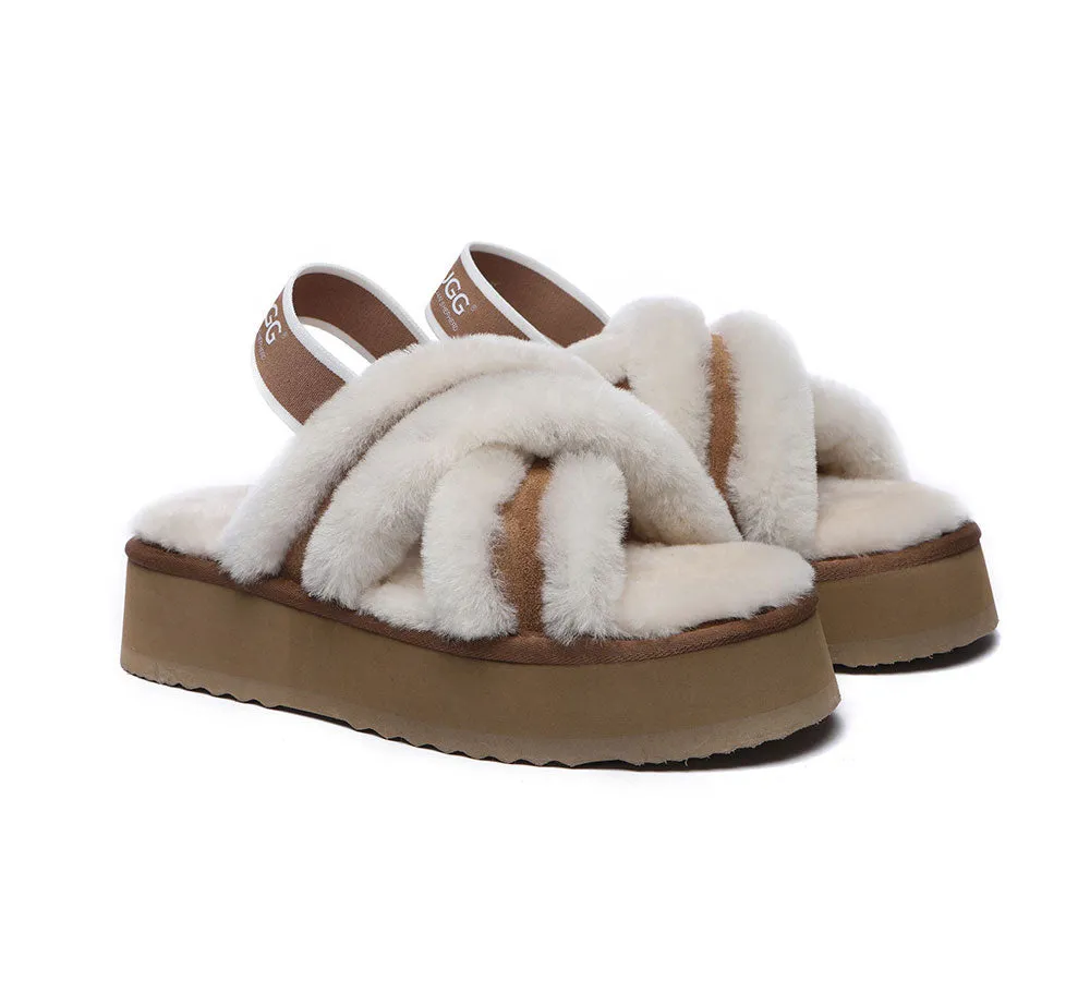 UGG Slides Women High Platform Cross-Over Fluffy Sandals Aditi