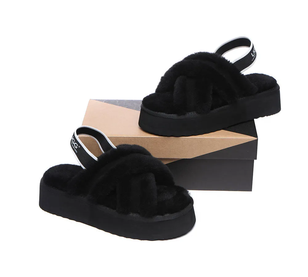 UGG Slides Women High Platform Cross-Over Fluffy Sandals Aditi