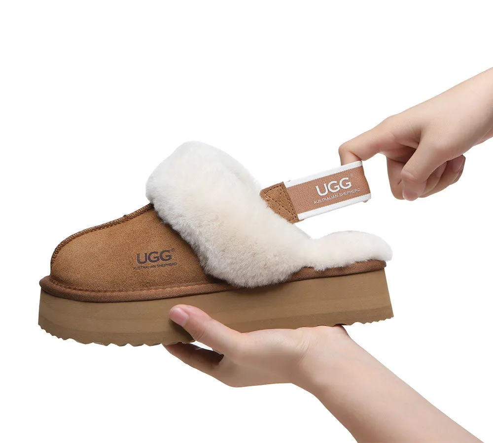 UGG Slippers Women Sheepskin Wool Removable Strap Slingback Slippers Muffin Platform