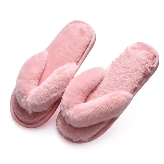 Winter Women House Slippers Faux Fur Fashion Warm Shoes Woman Slip on Flats Female Slides Black Pink cozy home  furry slippers