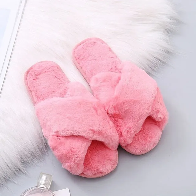 Winter Women House Slippers Faux Fur Fashion Warm Shoes Woman Slip on Flats Female Slides Black Pink cozy home  furry slippers