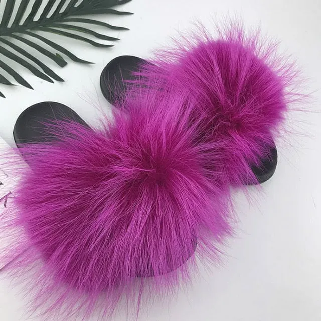 Women Fur Slides Shoes Home Woman Luxury Furry Slippers Indoor Female Sandals Fluffy Cute Raccoon 2019