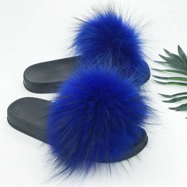 Women Fur Slides Shoes Home Woman Luxury Furry Slippers Indoor Female Sandals Fluffy Cute Raccoon 2019