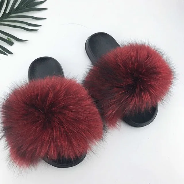 Women Fur Slides Shoes Home Woman Luxury Furry Slippers Indoor Female Sandals Fluffy Cute Raccoon 2019