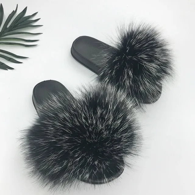 Women Fur Slides Shoes Home Woman Luxury Furry Slippers Indoor Female Sandals Fluffy Cute Raccoon 2019