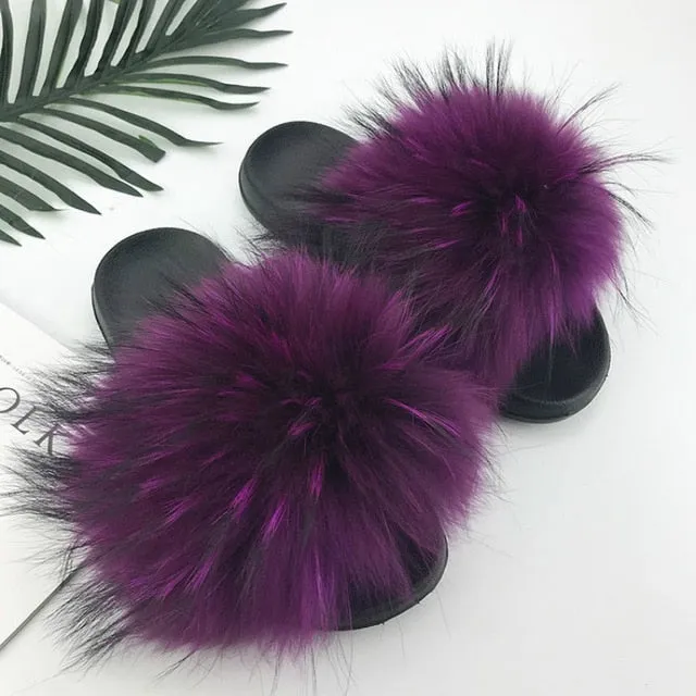 Women Fur Slides Shoes Home Woman Luxury Furry Slippers Indoor Female Sandals Fluffy Cute Raccoon 2019