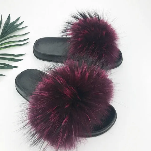 Women Fur Slides Shoes Home Woman Luxury Furry Slippers Indoor Female Sandals Fluffy Cute Raccoon 2019