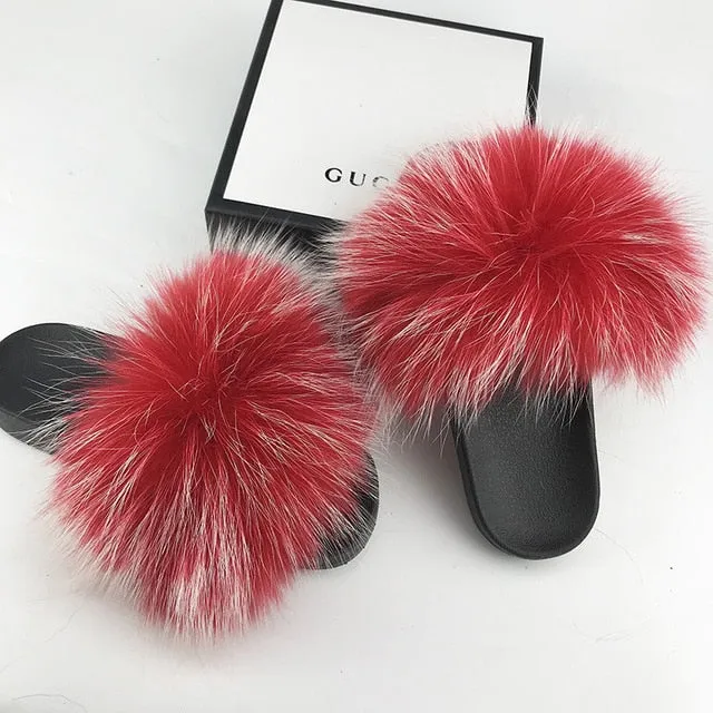 Women Fur Slides Shoes Home Woman Luxury Furry Slippers Indoor Female Sandals Fluffy Cute Raccoon 2019