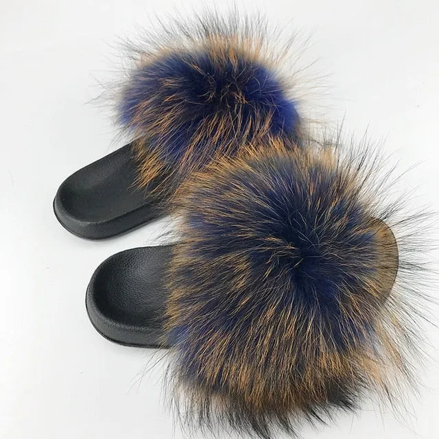 Women Fur Slides Shoes Home Woman Luxury Furry Slippers Indoor Female Sandals Fluffy Cute Raccoon 2019