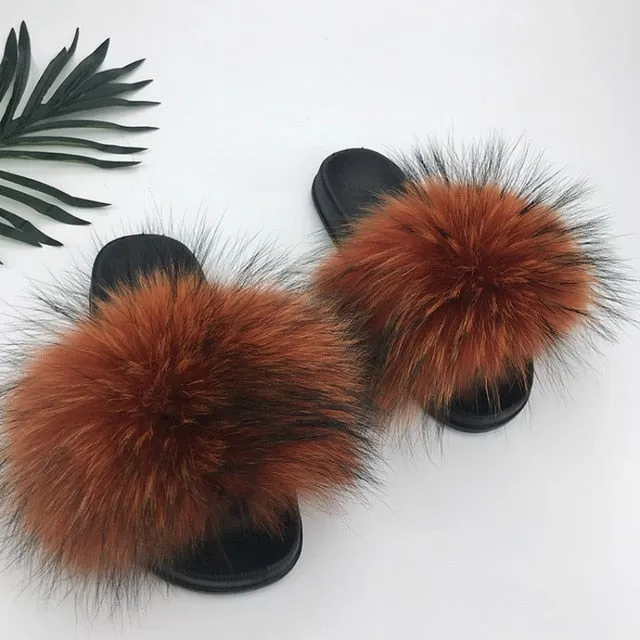 Women Fur Slides Shoes Home Woman Luxury Furry Slippers Indoor Female Sandals Fluffy Cute Raccoon 2019