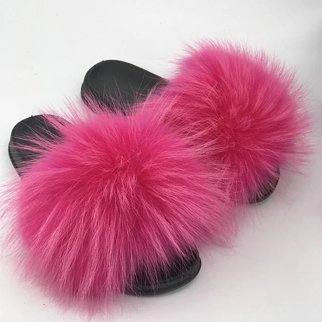 Women Fur Slides Shoes Home Woman Luxury Furry Slippers Indoor Female Sandals Fluffy Cute Raccoon 2019