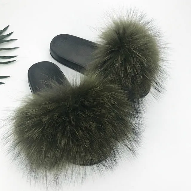 Women Fur Slides Shoes Home Woman Luxury Furry Slippers Indoor Female Sandals Fluffy Cute Raccoon 2019