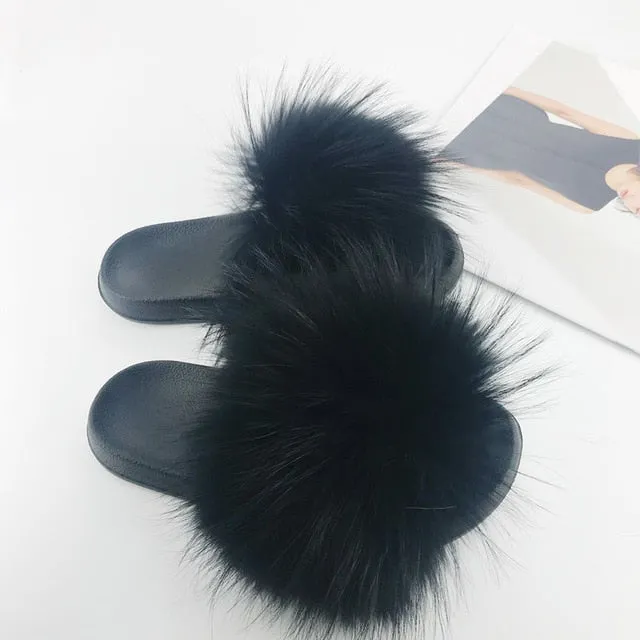 Women Fur Slides Shoes Home Woman Luxury Furry Slippers Indoor Female Sandals Fluffy Cute Raccoon 2019