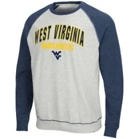 WVU MENS DELOREAN RAGLAN CREWNECK BY COLOSSEUM